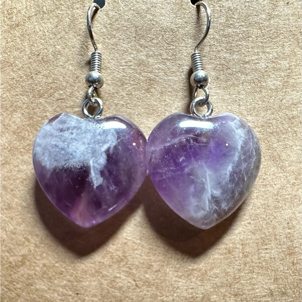Dream Amethyst Heart Earrings. Beautiful hearts on stainless steel fish hooks